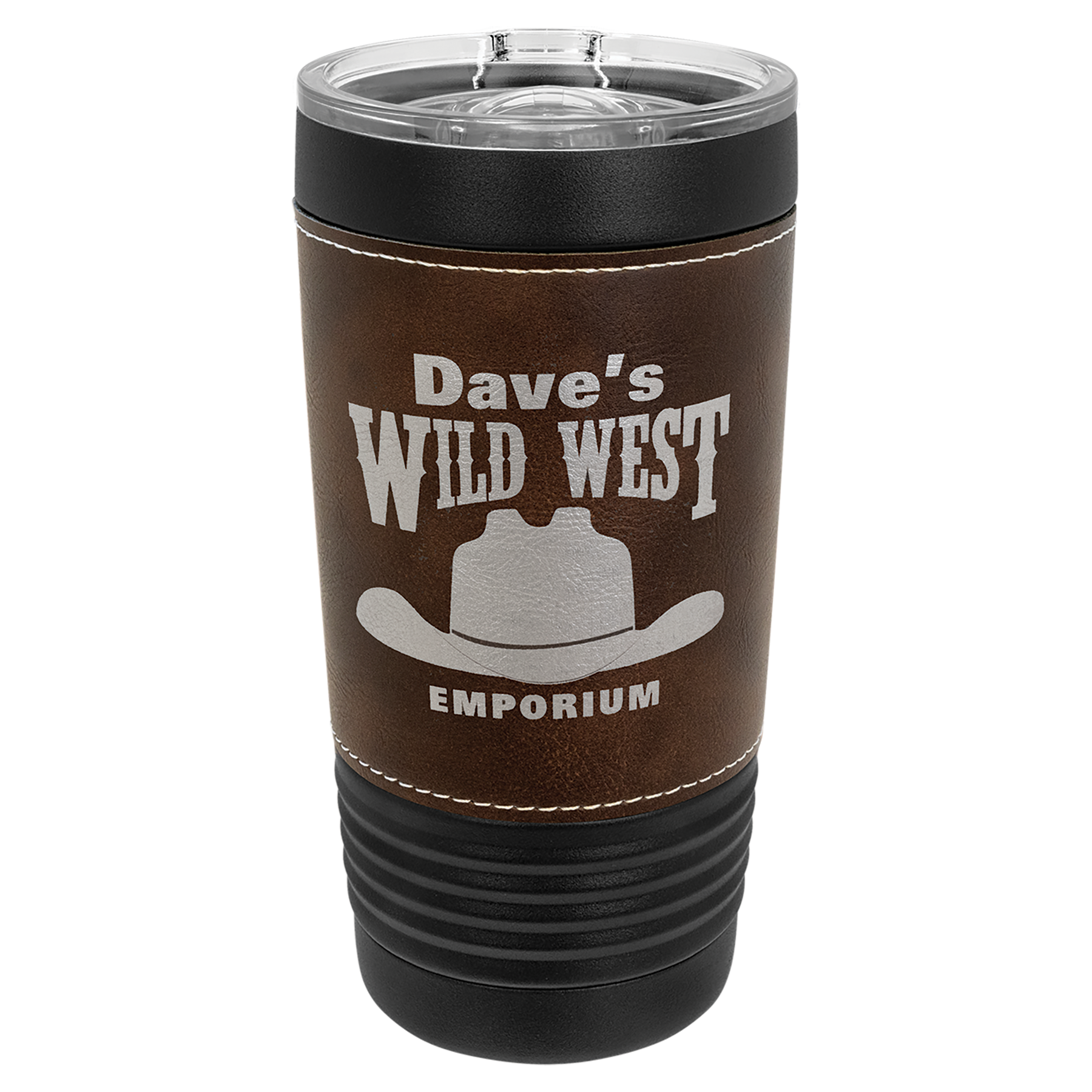 20 oz. Laserable Leatherette Black Tumbler with Clear Lid