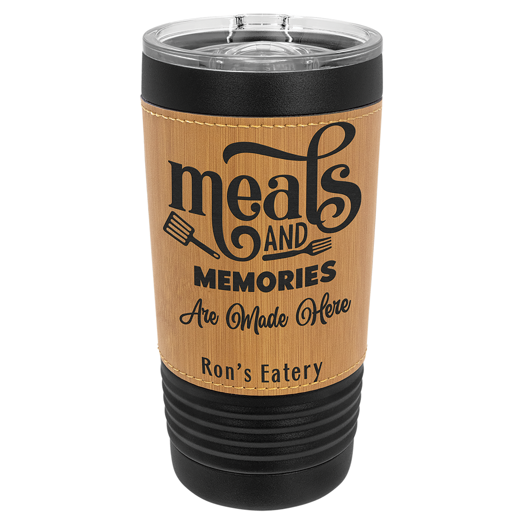 20 oz. Laserable Leatherette Black Tumbler with Clear Lid
