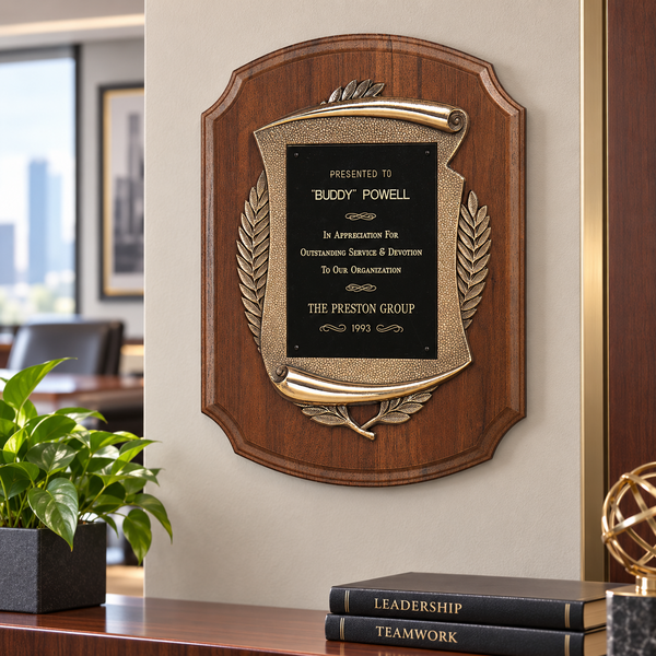 American Walnut Plaque with Antique Bronze Scroll Frame