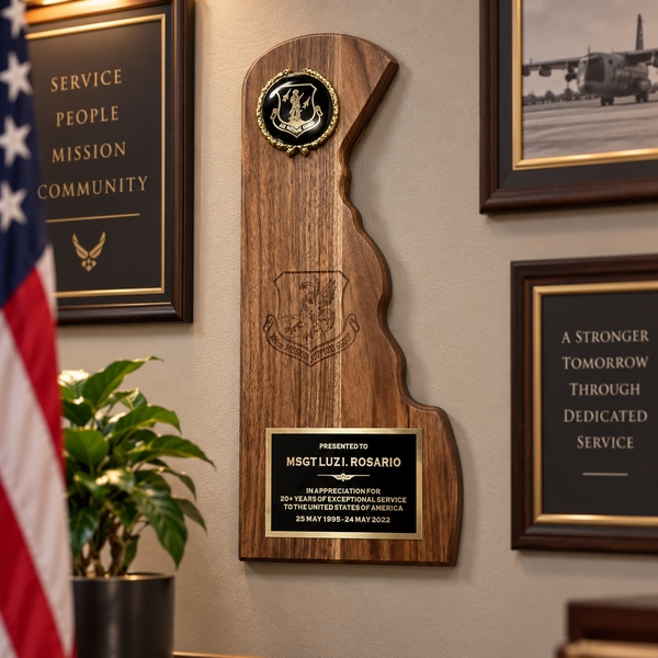 Delaware-Shaped Walnut Plaque With Plate