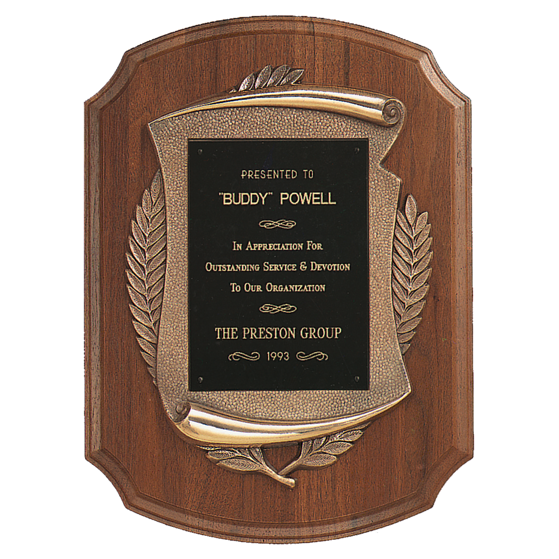 American Walnut Plaque with Antique Bronze Scroll Frame