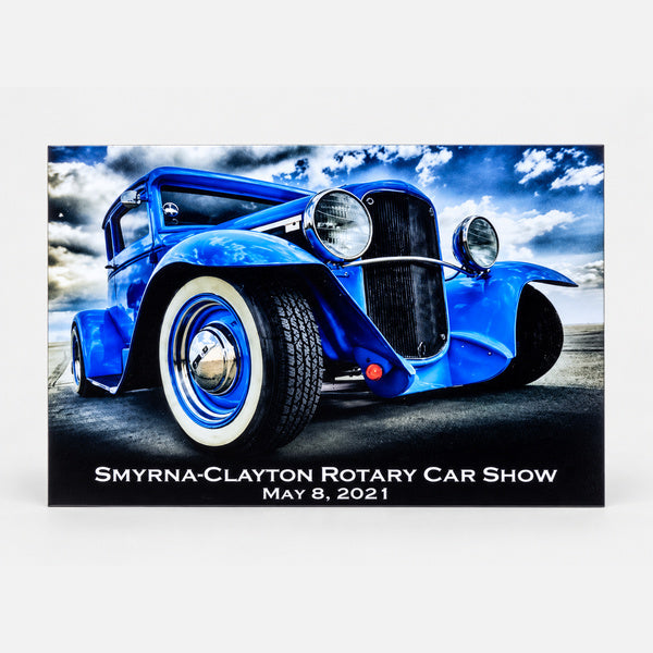 Aluminum dash plate JUV106 with blue vintage car artwork and Smyrna-Clayton Rotary Car Show wording.