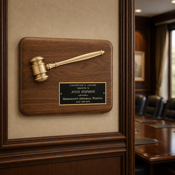 American Walnut Plaque with Antique Bronze Gavel - lifestyle