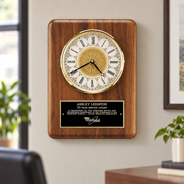 American Walnut Vertical Wall Clock. in an office setting