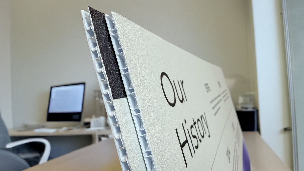 Printed bubble-core sign with close-up of the board edges