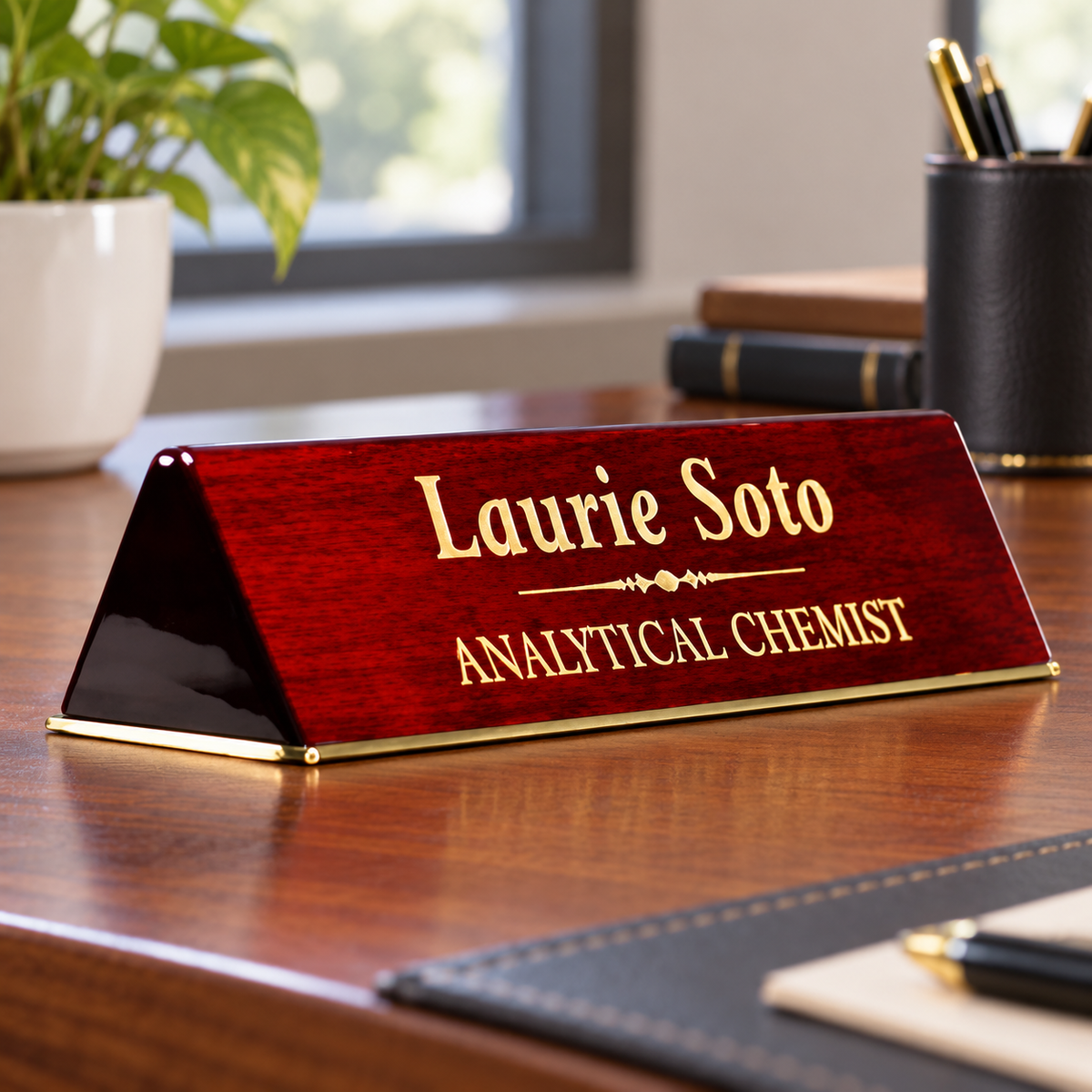 Direct-Engraved Piano Finish Desk Wedge — shown on an office desk