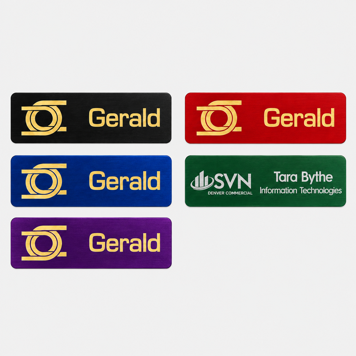 Engraved metal name badges in black, red, blue, green and purple