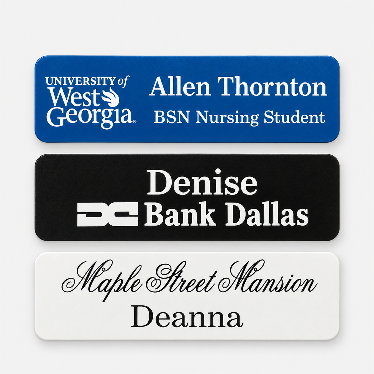 Engraved plastic name badge 1.25 x 3 inch option - blue, black and white examples