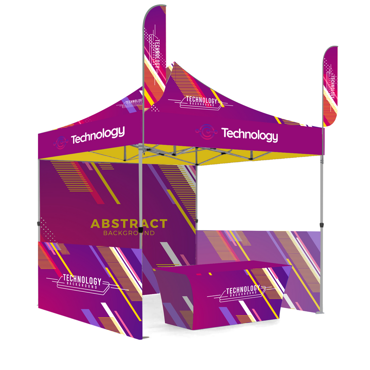 Aluminum Tent, Flag and Table Cover Package — 10' X 10' Premium Hex Aluminum Frame, Dye Sub Canopy, 3 Walls, Two 9' Feather Flags & 6' Table Cover