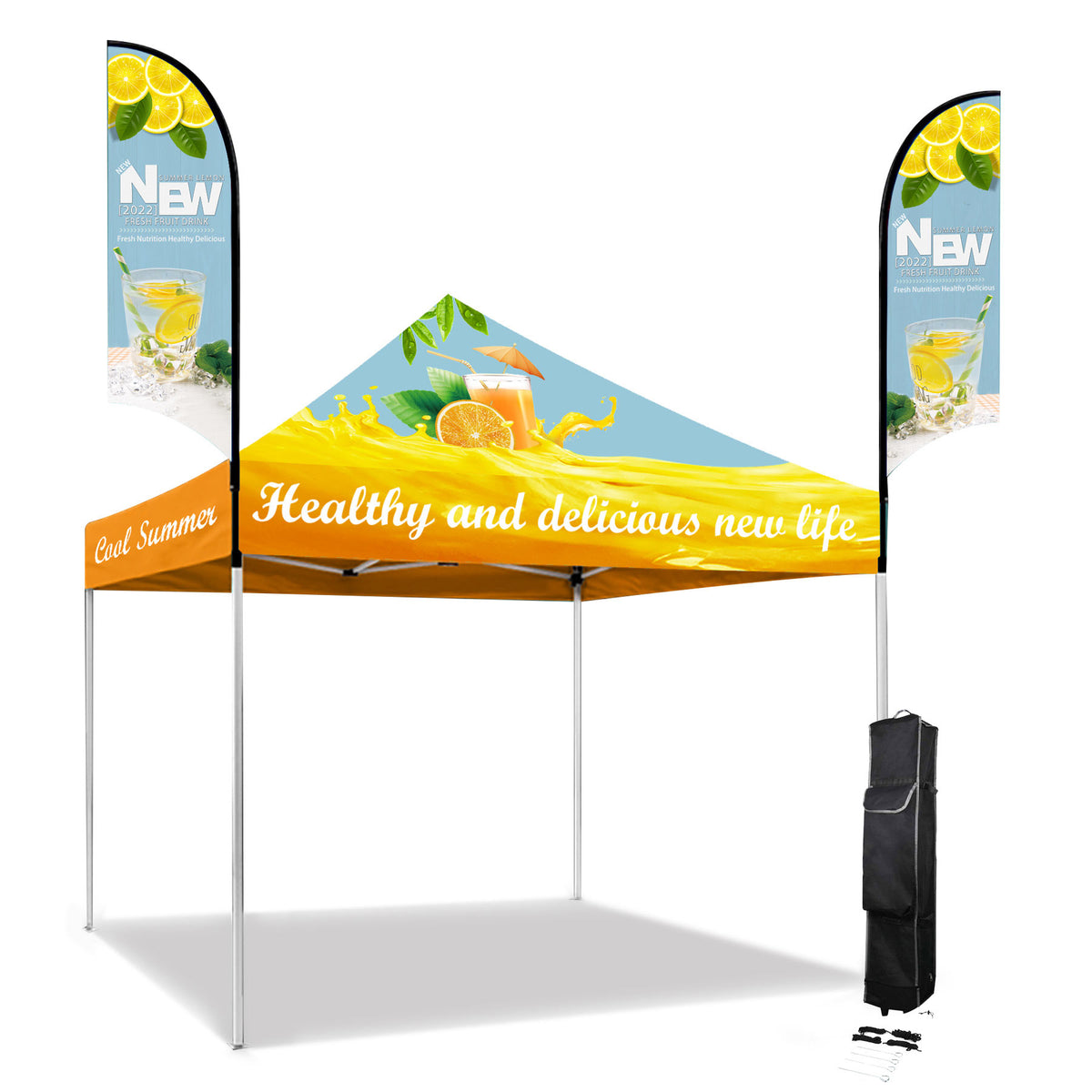 Aluminum Tent with Mounted Feather Flags — 10' Custom Printed Aluminum Frame Tent w/ 2 Double Sided Flag Mount Kit