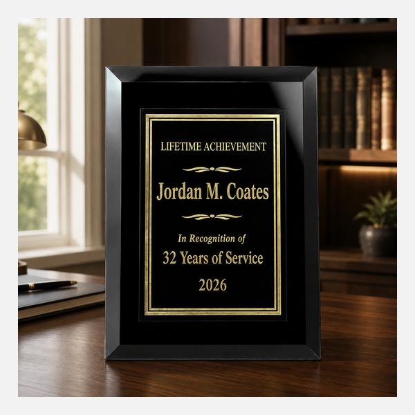 Executive Black Mirrored Glass Plaque with Plate