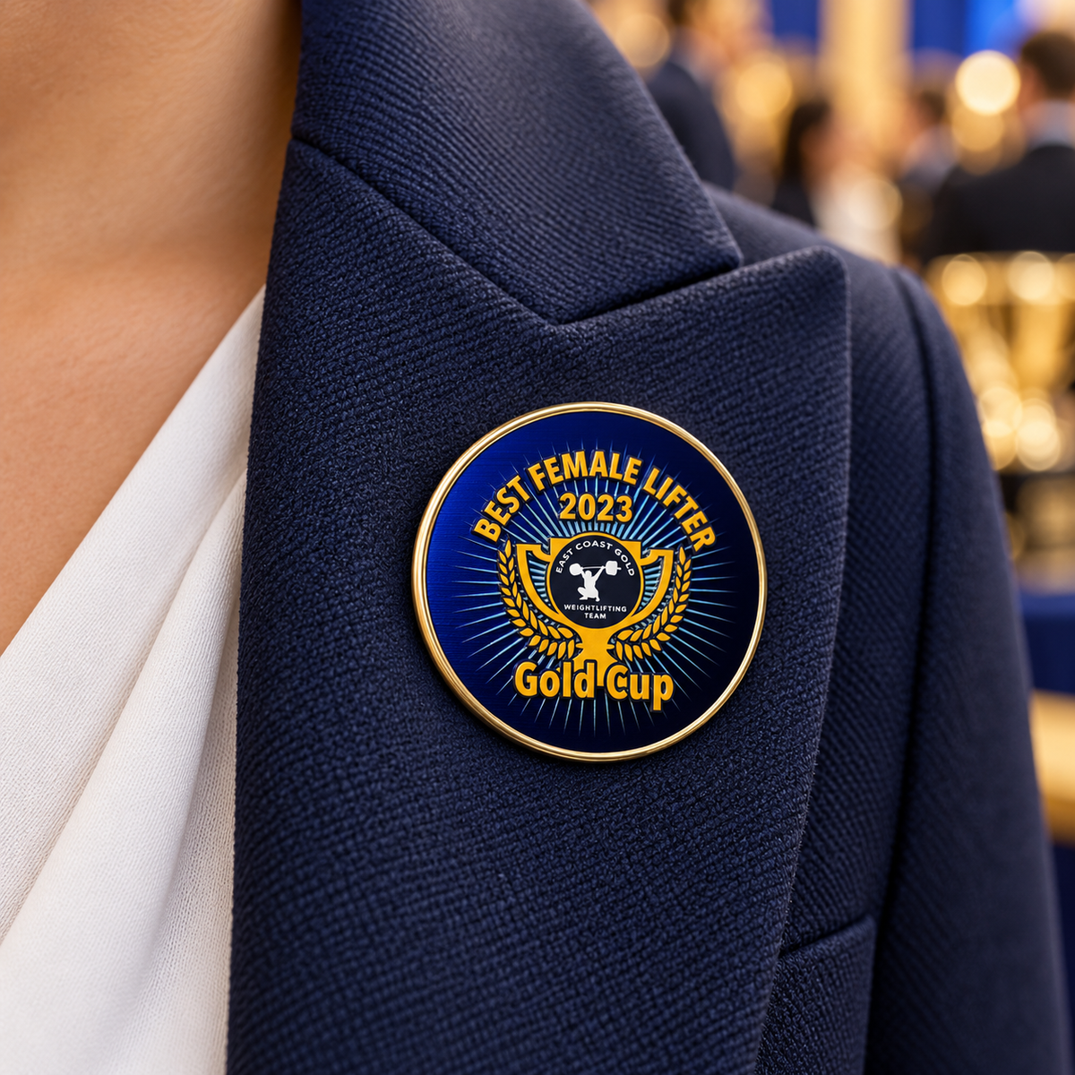 Classic Express Lapel Pins — lifestyle setting with sample design