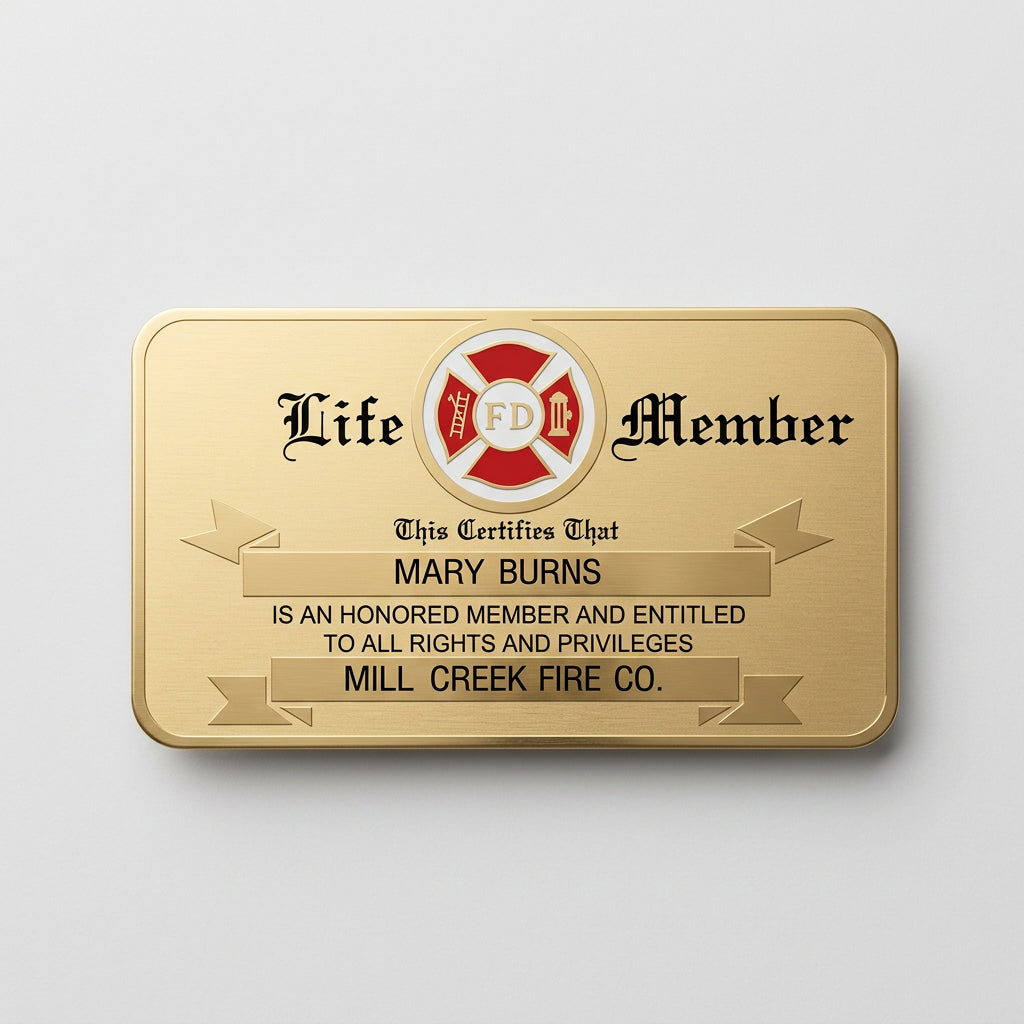 Example of a personalized gold-tone fire department life member card with standard fire department emblem