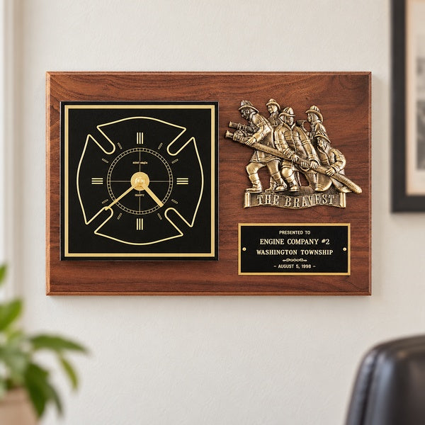 Firefighter Walnut Plaque with Clock in an office setting