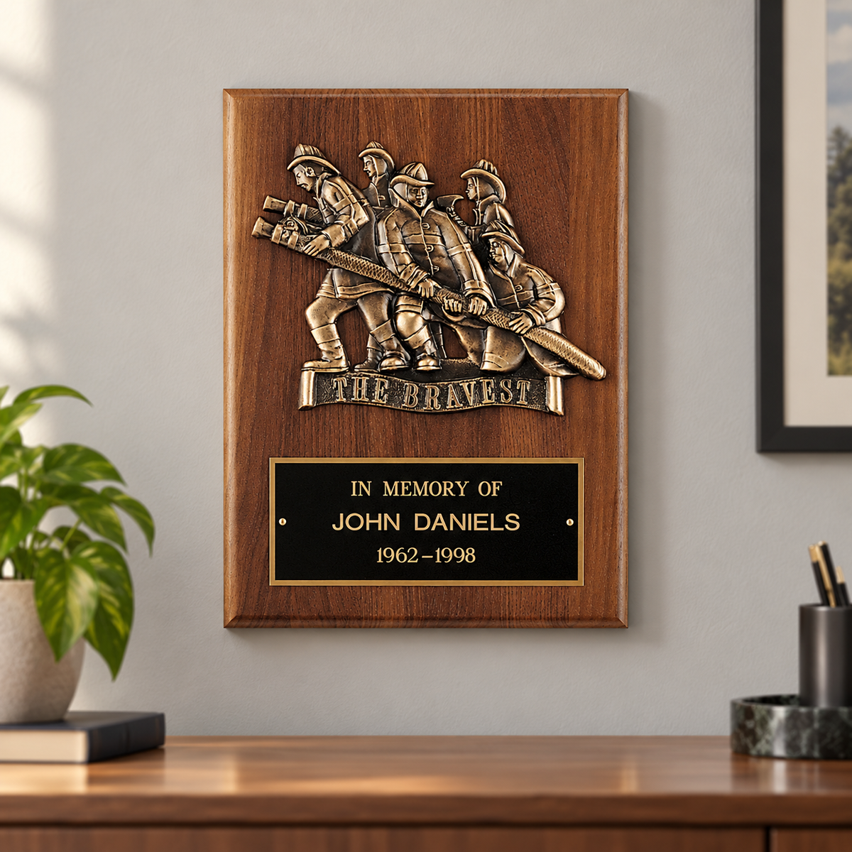 American Walnut Firefighter Team Plaque — lifestyle photo
