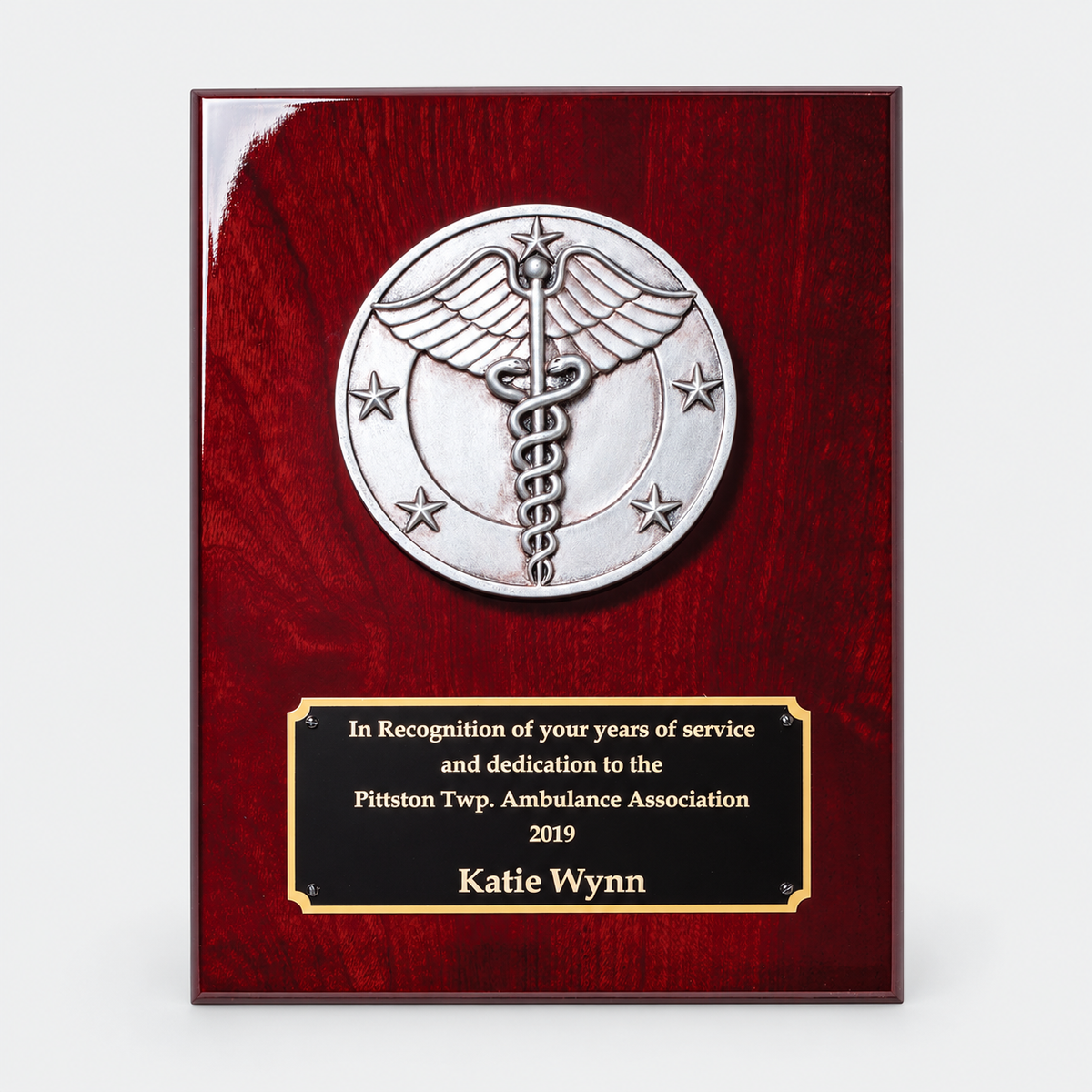 Caduceus Rosewood Piano Finish Plaque — main product photo