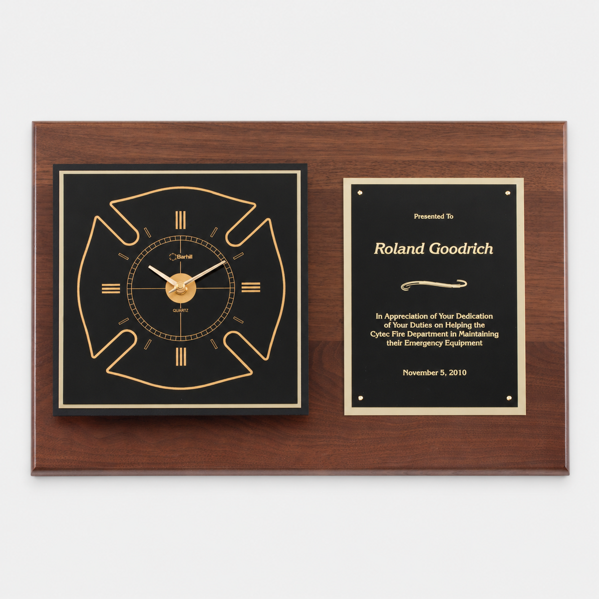 Genuine Walnut Maltese Cross Firefighter Clock Plaque — main product photo