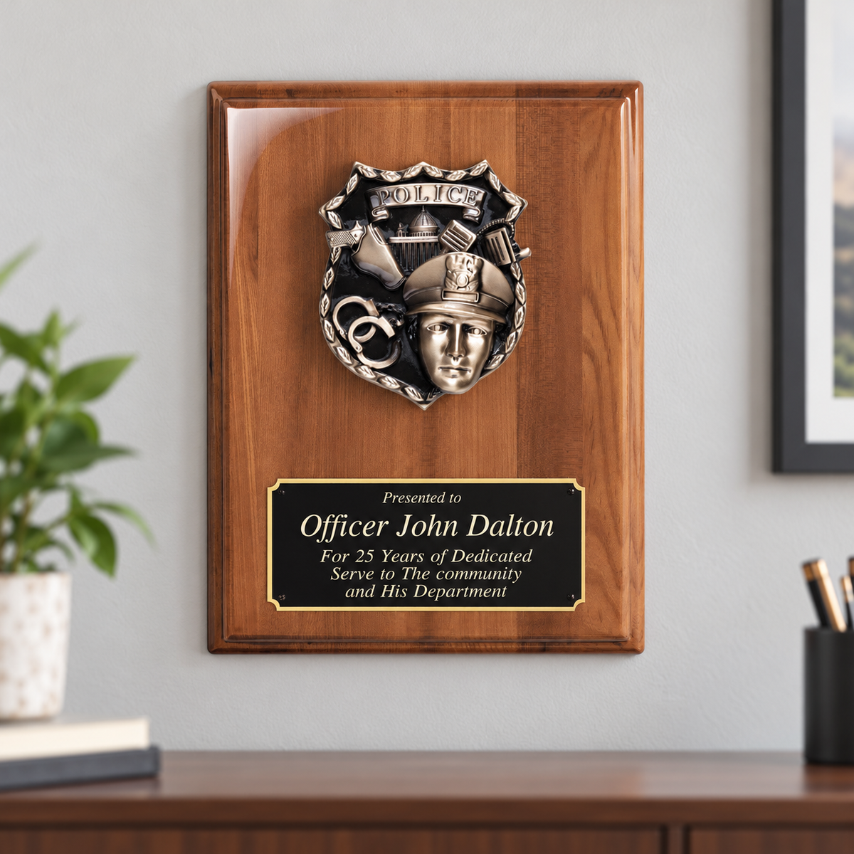 Police Walnut Piano Finish Plaque — lifestyle photo