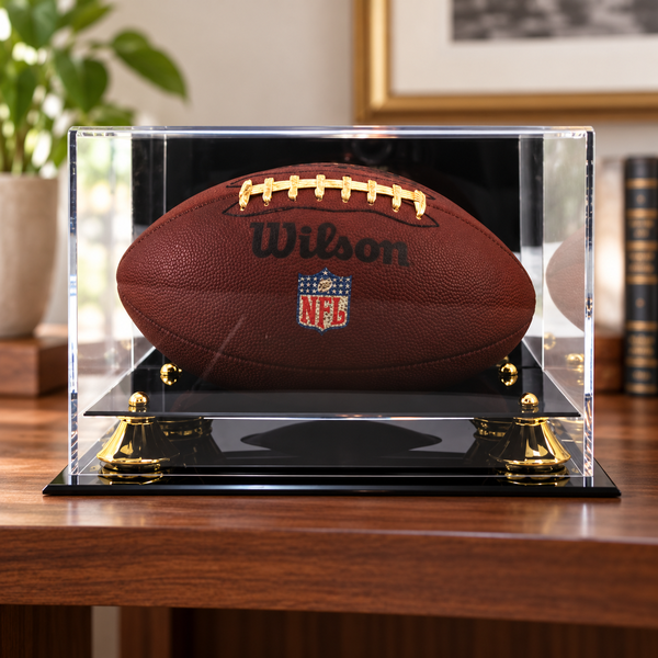 Football Display Case displayed in a home office