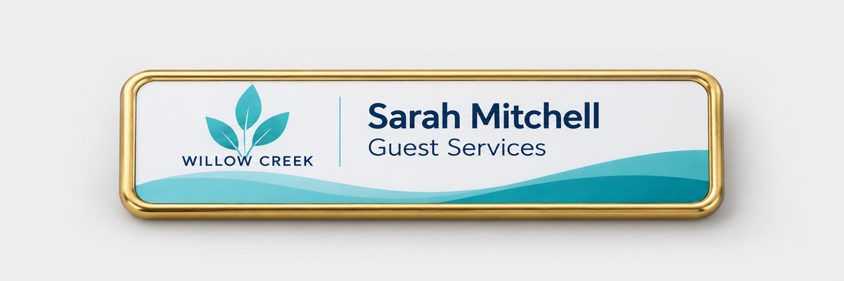 Framed full-color name badge — 1 X 3 / Gold