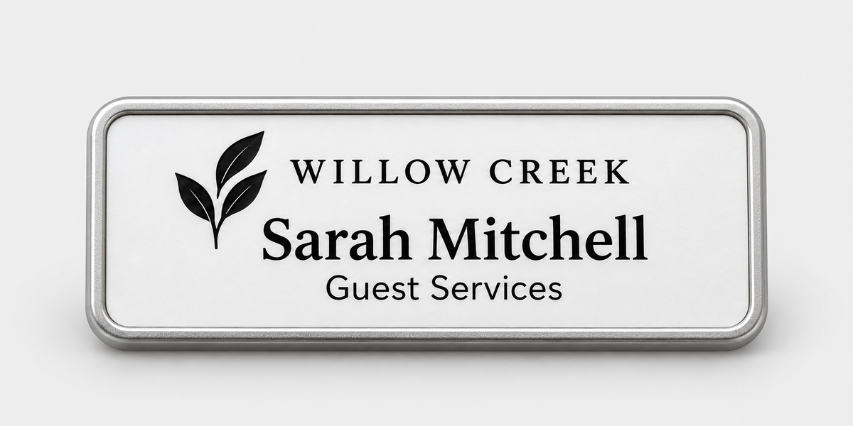 Framed engraved plastic badge — 1.5 X 3 / Silver