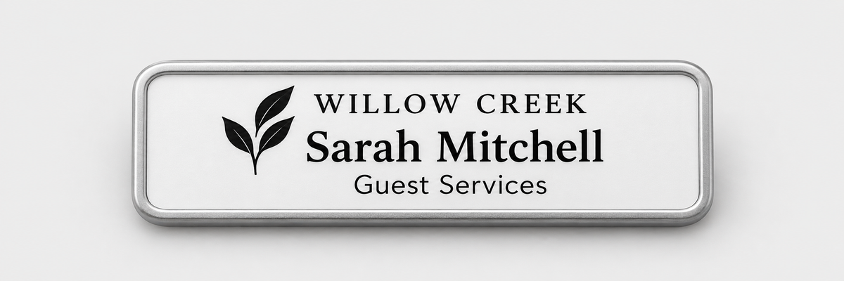 Framed engraved plastic badge — 1 X 3 / Silver