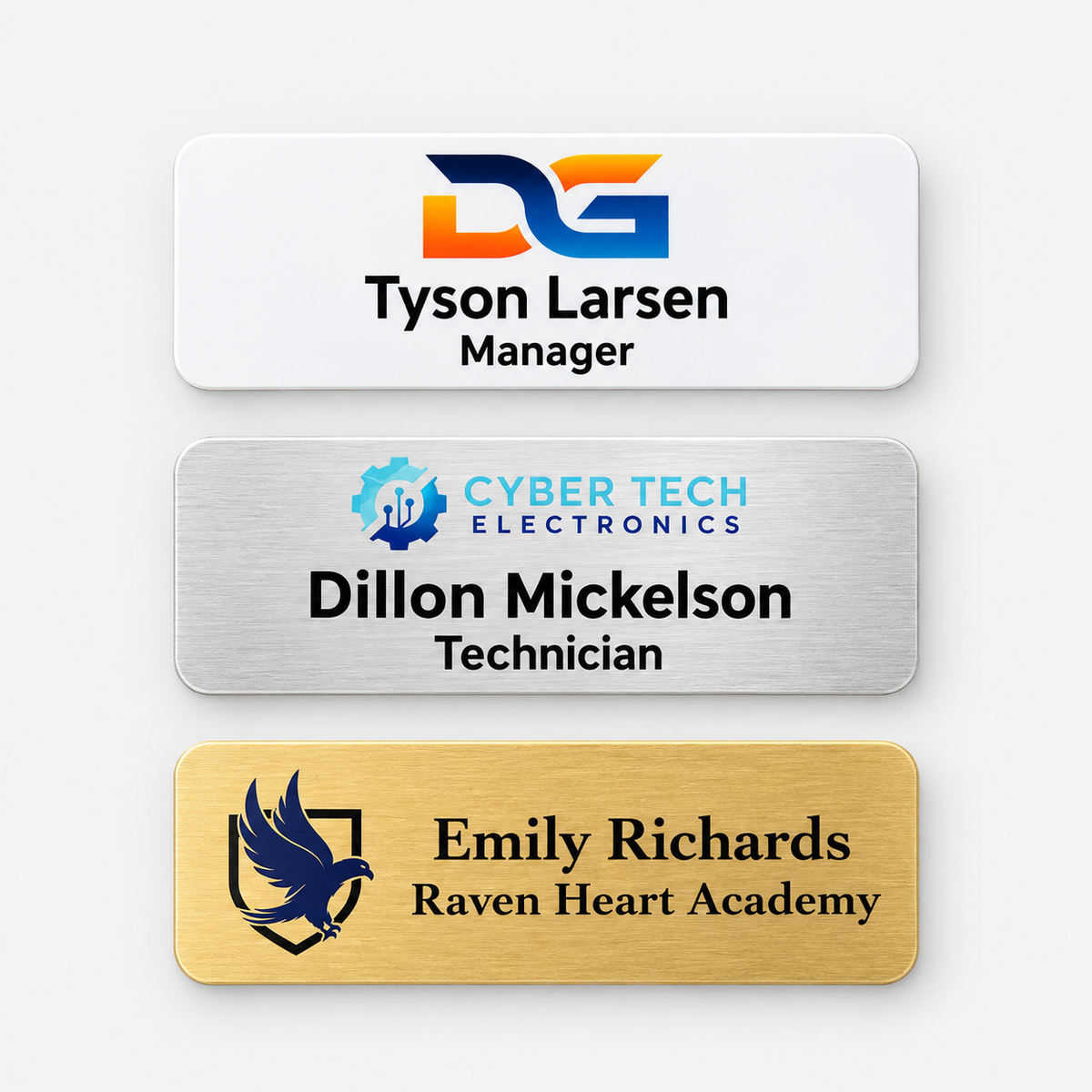 Full color printed name badges - 1 x 3 inch option, white, silver and gold examples