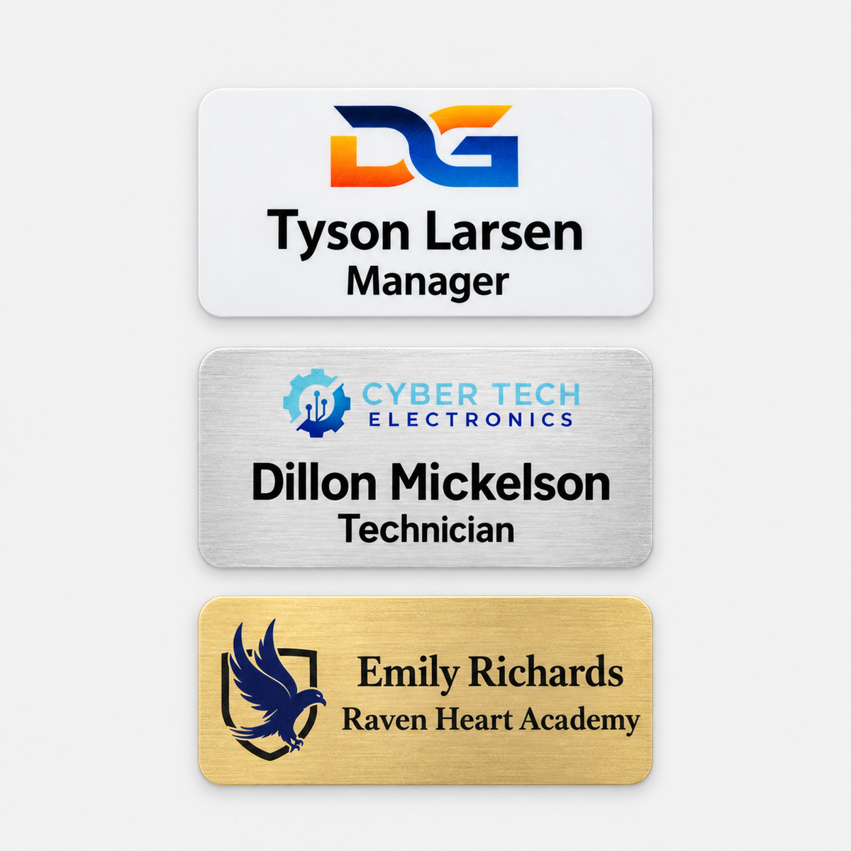 Full color printed name badges - 2 x 3 inch option, white, silver and gold examples