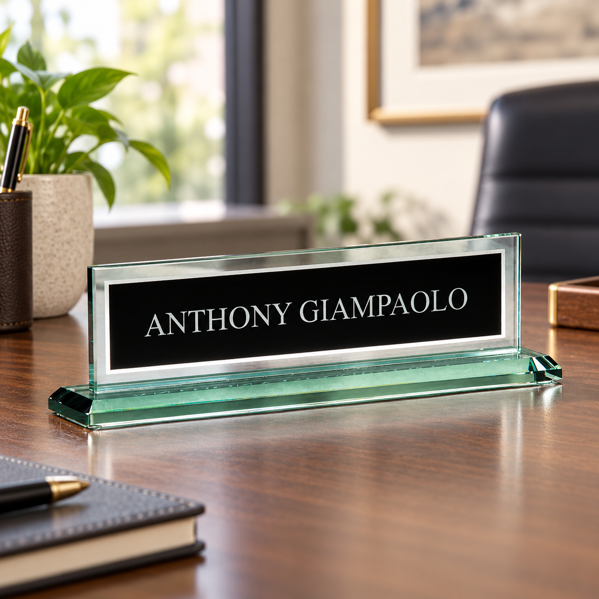 Glass Name Plate with Black Center — shown in an office setting