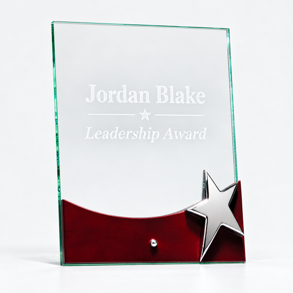 Glass Award with Silver Star and Rosewood Finish Base