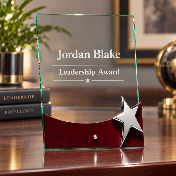 Glass Award with Silver Star and Rosewood Finish Base