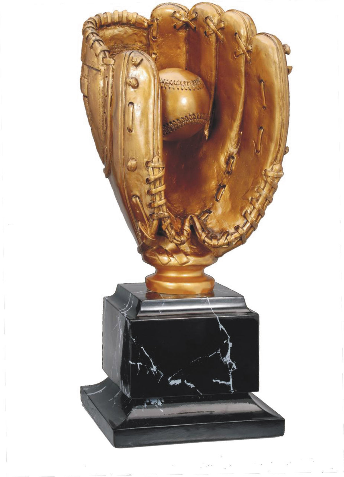 Gold baseball glove replica award on a black marble-look base
