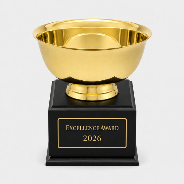 Gold Revere Bowl on Walnut Base - black base and black-gold plate - catalog