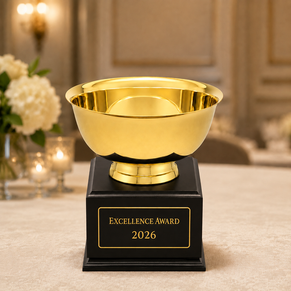 Gold Revere Bowl on Walnut Base - black base - lifestyle