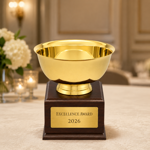Gold Revere Bowl on Walnut Base - lifestyle