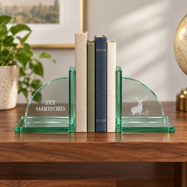 Jade Glass Bookends in an office setting