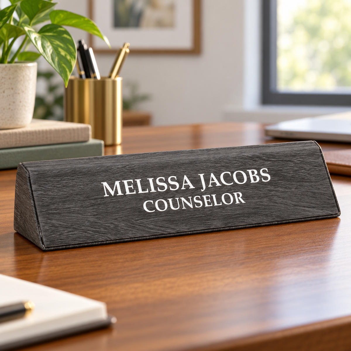 Leatherette Desk Wedge Name Bar — shown on an office desk