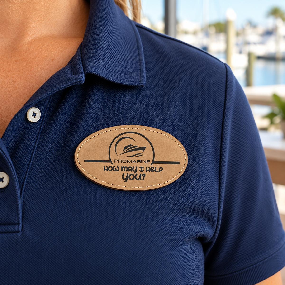 Oval Leatherette Name Badge worn on clothing — lifestyle example