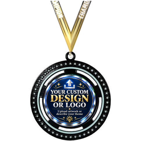 Black Glo-Medal with custom design or logo insert and Champion neck ribbon