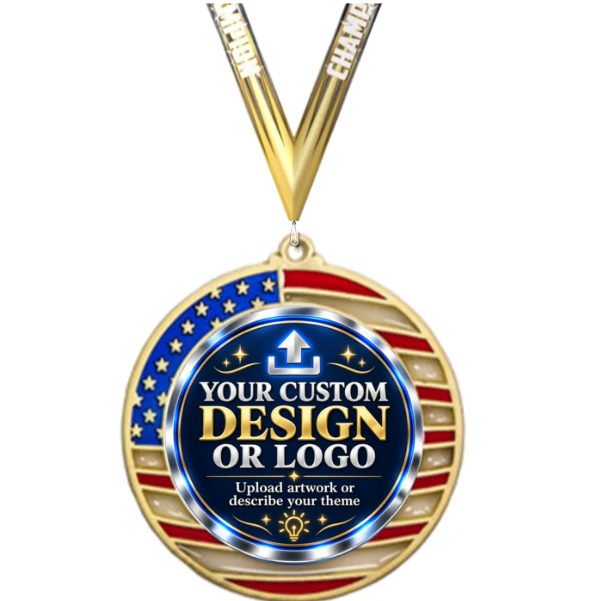 Patriotic Insert Medals with custom design or logo insert and Champion neck ribbon