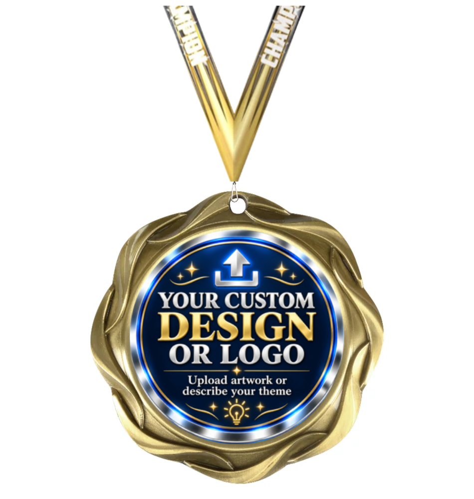 Fusion Medals Logo with custom design or logo insert and Champion neck ribbon