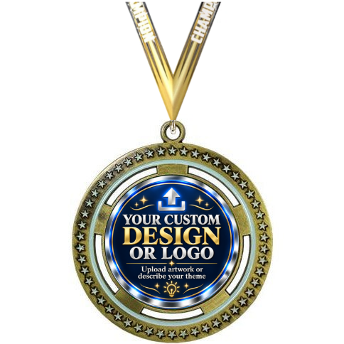 Gold Glo-Medal with custom design or logo insert and Champion neck ribbon