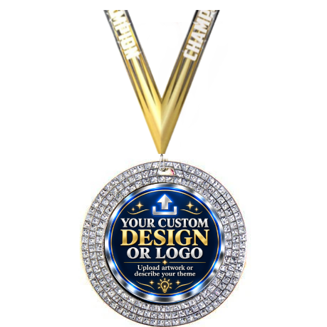 Silver Glitter Medal Series with custom design or logo insert and Champion neck ribbon