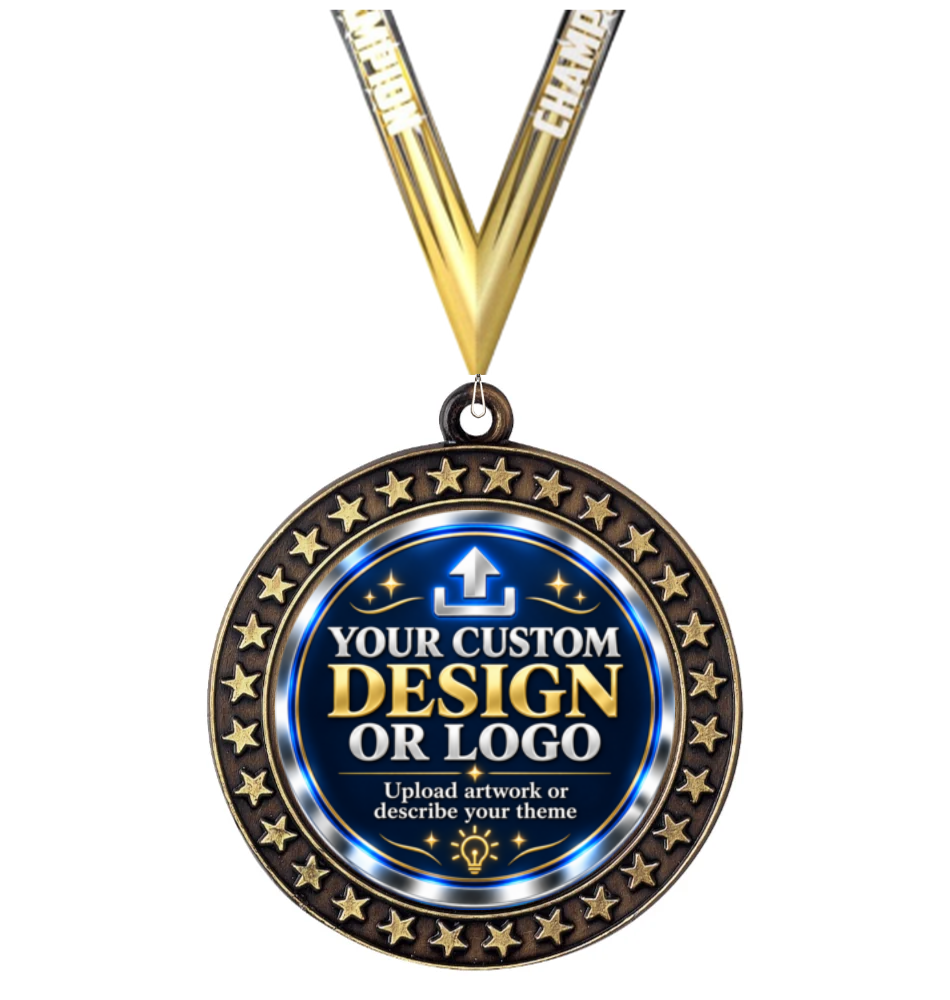 Star Border Insert Medal with custom design or logo insert and Champion neck ribbon