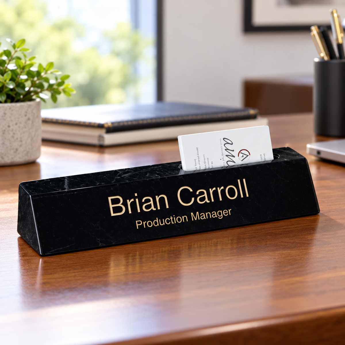Marble Desk Wedge With Business Card Holder — shown in an office setting