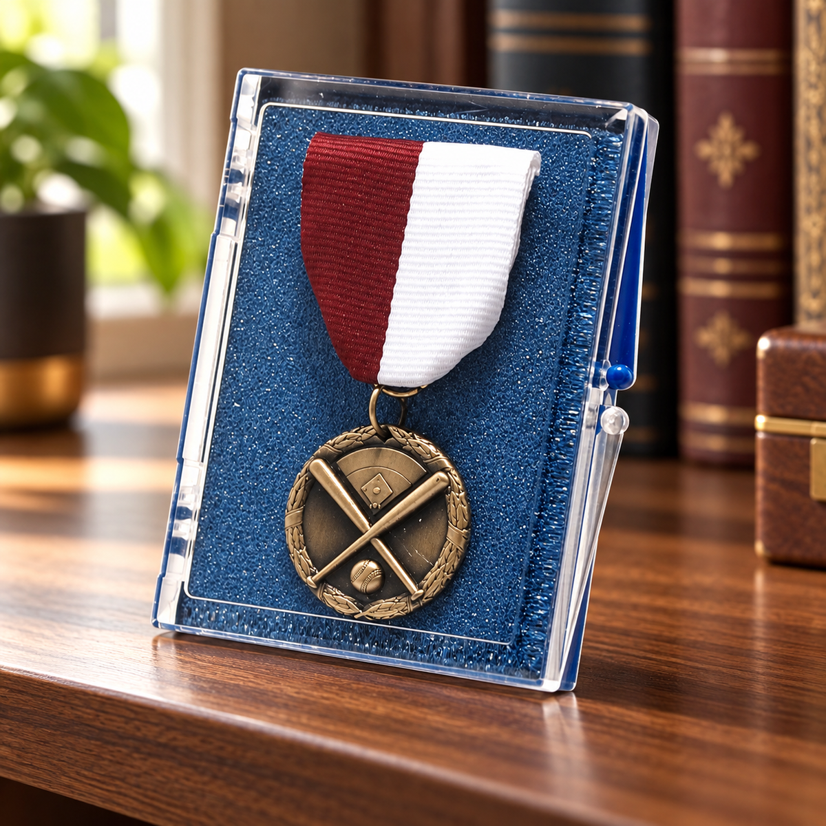 Medallion and drape display case on a walnut office shelf
