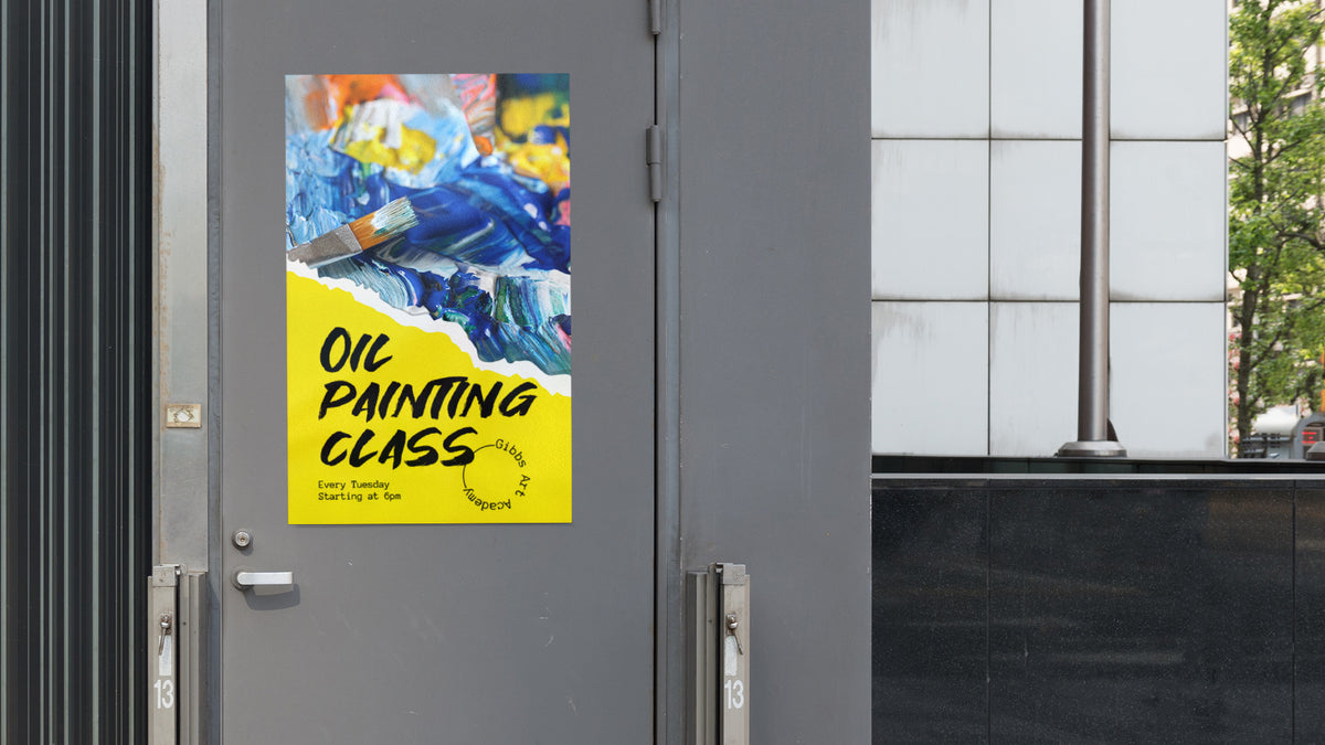 Custom no-curl printed banner graphic displayed on a door