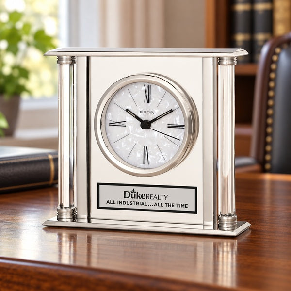 Pearl Silver Mantle Clock in an office setting