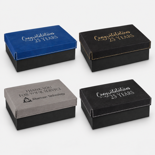 Personalized Leatherette Gift Box — available options on a light studio background