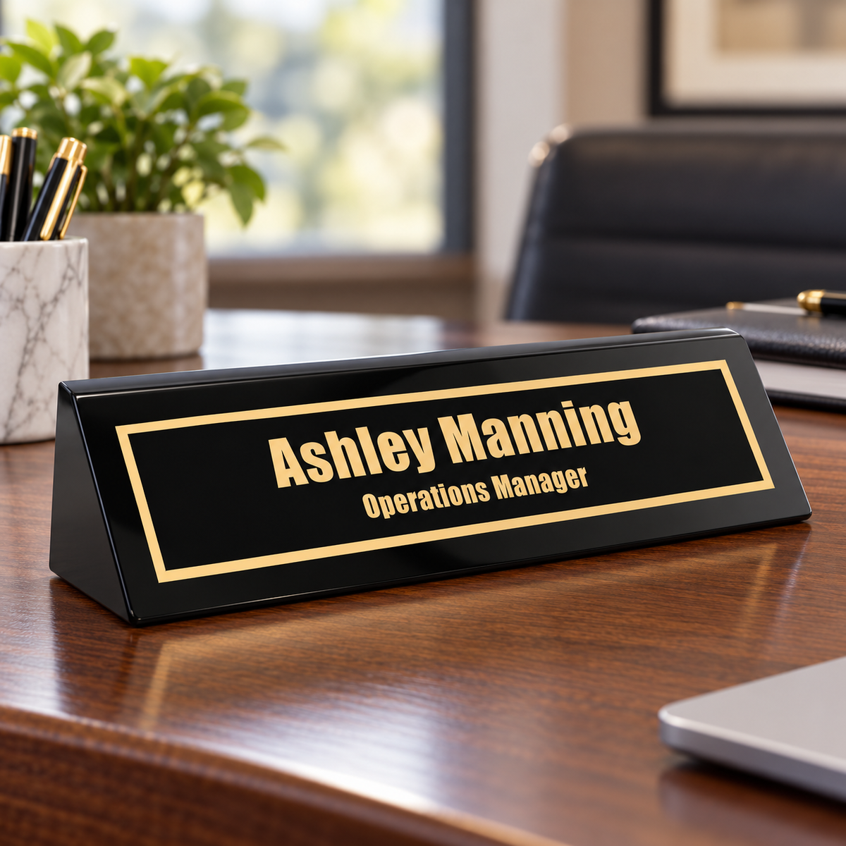 Piano Finish Desk Wedge — shown on an office desk